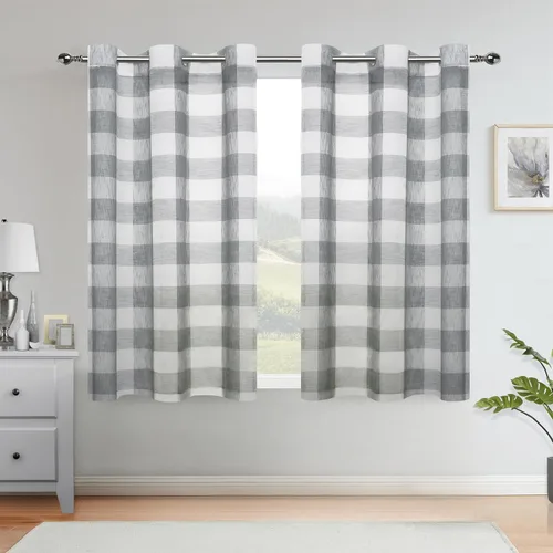 Vista 9 de Cortinas cortas de cuadros de búfalo en blanco y negro, de 63 pulgadas de largo, con paneles para ventana, estilo granja, para sala de estar