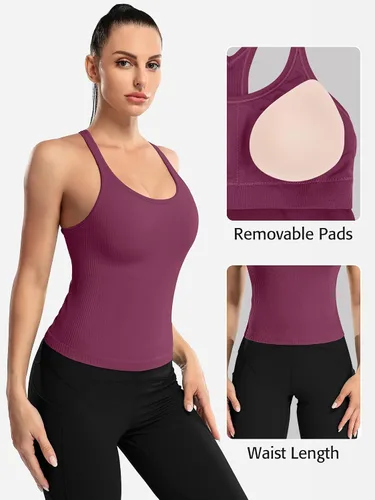 Vista 115 de ATTRACO Camiseta corta acanalada de entrenamiento para mujer con brasier integrado para yoga, espalda cruzada, ajuste ajustado