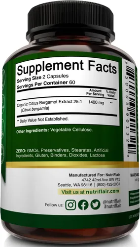 Vista 7 de NutriFlair Bergamota cítrica orgánica de 1400 mg, 120 cápsulas – Bergamia 25:1 – Aceite esencial y bioflavonoides cítricos – Suplementos naturales