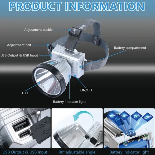 Vista 2 de Linterna frontal recargable súper brillante de alta potencia, lámpara LED recargable, luces LED para la frente, faro frontal impermeable con luces