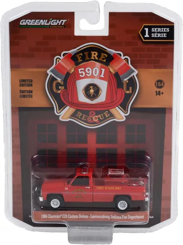 Vista 2 de 1986 Chevy C20 Custom Deluxe Pickup Truck Red First Attack Unit with Fire Accessories Lawrenceburg Fire Dept (in) 1/64 Diecast by Greenlight 67010 A