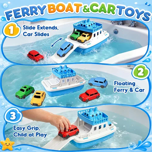 Vista 6 de FUN LITTLE TOYS Barco de juguete para baño para niños pequeños con 4 juguetes de mini autos, juguetes de agua para niños, barco de ferry
