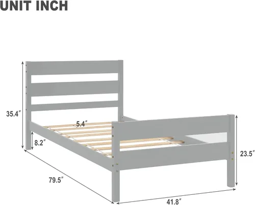 Vista 2 de Base de cama individual de madera con cabecero y estribo, base de colchón de plataforma individual con soporte de listones de madera para niñas