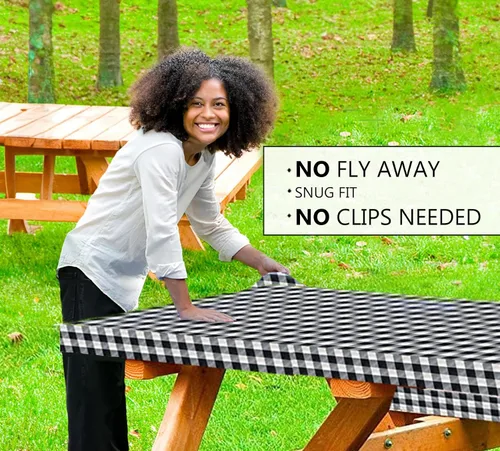 Vista 2 de LINPRO - Funda de mesa de picnic de 6 pies con fundas para bancos, fundas ajustadas de mesa de picnic de vinilo con elástico, elementos esenciales