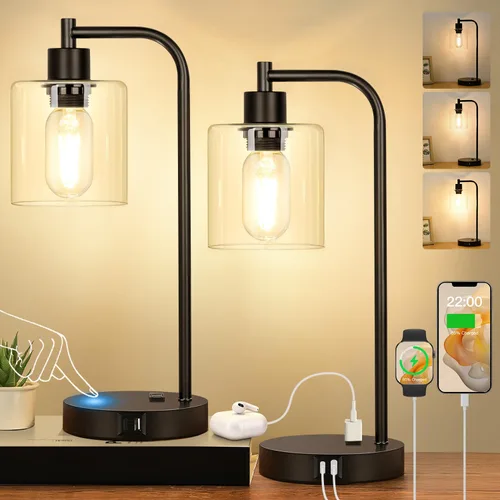 Vista 11 de Juego de 2 lámparas de mesa con control táctil industrial - Lámparas de mesita de noche en níquel cepillado con 2 puertos USB y enchufe de CA