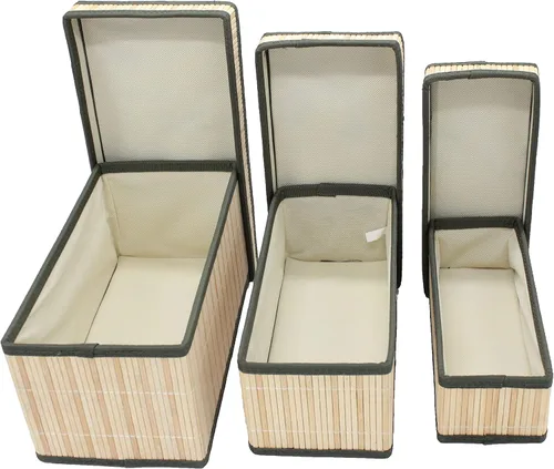 Vista 3 de Seta Direct, Caja de almacenamiento rectangular larga decorativa de bambú beige natural con borde verde con tapa [juego de 3 anidados]