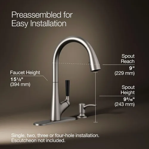 Vista 3 de Kohler K-R562-SD-VS Llave para cocina, funciona hacia abajo. Viene con despachador de jabón o loción. Hecha de inoxidable brilloso