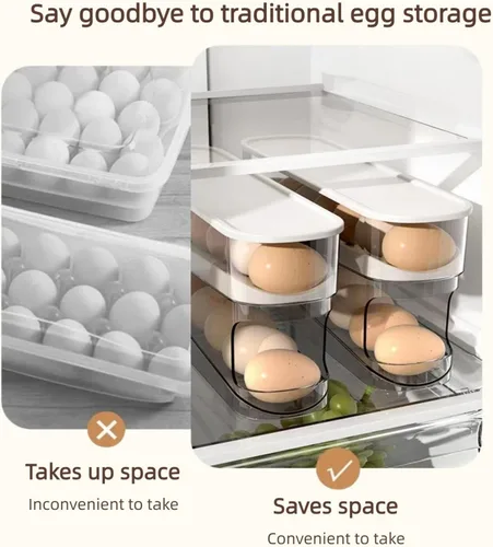 Vista 6 de Dispensador automático de huevos para refrigerador, organizador de huevos para refrigerador que ahorra espacio y almacenamiento con tapa, bandeja