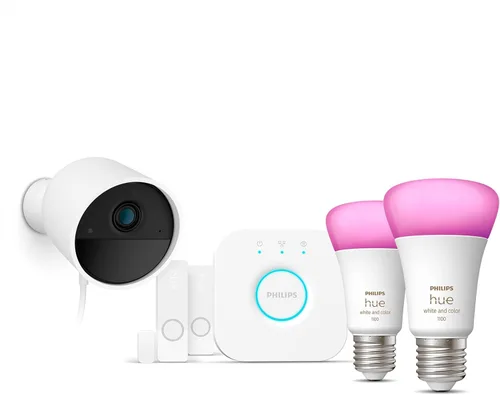 Vista 2 de Kit de inicio seguro Philips Hue con puente, cámara de seguridad con cable, (2) sensor de contacto seguro, (2) bombilla A19 de 75W, ambiente blanco