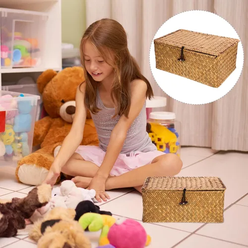 Vista 3 de Almacenamiento de pastos marinos con tapa: cesta rectangular tejida de mimbre natural para el hogar, cajas organizadoras de estantes, organizador