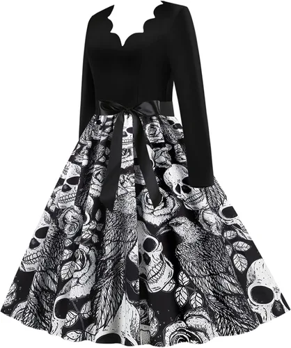 Vista 2 de Vestido de Halloween para mujer 2022, casual, estampado con cuello en V, con cremallera, manga larga, con panel de columpio