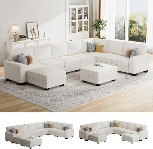 Vista 18 de Legend Vansen Sofá modular de gran tamaño, sofá reversible en forma de U con otomana, sofá de pana de asiento profundo para sala de estar, 6 plazas