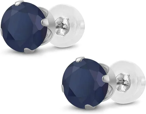 Vista 4 de Aretes de oro blanco de 10K genuino con perno de 4puntas (2,12quilates, 6mm, redondo), de zafiro color azul