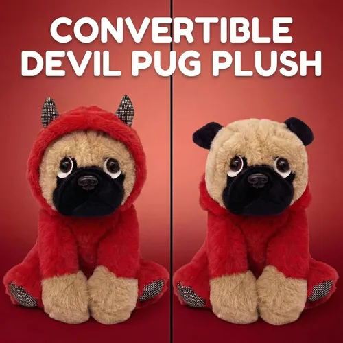 Vista 2 de Peluche de pug en disfraz de diablo de 10 pulgadas, color rojo para cumpleaños soft polyester dog with move down hood for nursery decor and