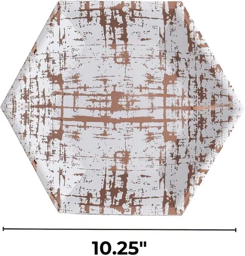 Vista 2 de Elegante vajilla desechable - Colección Ártico, platos llanos hexagonales, oro rosa