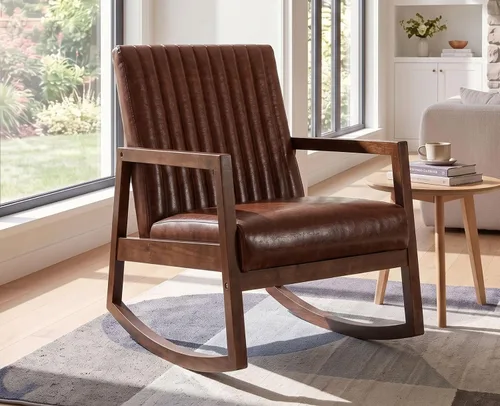 Vista 9 de CIMOTA Mecedora moderna de cuero de mediados de siglo, silla tapizada con brazo con asiento acolchado, marco de madera, cómoda mecedora para sala