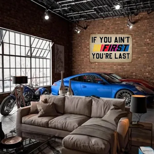 Vista 5 de Letrero de hojalata con texto en inglés "If You Ain't First You're Last Tin Sign" – Arte de pared de metal vintage de carreras para hombre, garaje