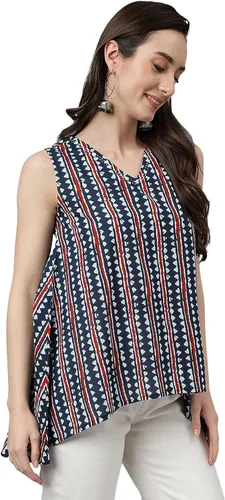Vista 6 de Janasya Camiseta india de algodón azul marino con estampado geométrico para mujer