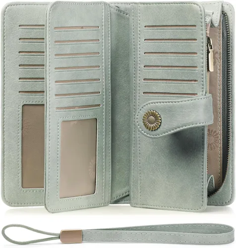 Vista 33 de FALAN MULE Cartera de cuero para mujer, de gran capacidad, bifold, con bloqueo RFID, tarjetero con bolsillo para monedas con cremallera Aa-negro.