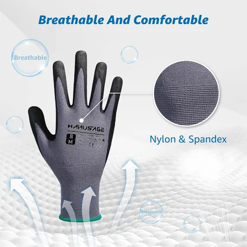 Vista 3 de MANUSAGE Guantes de trabajo de seguridad para hombres y mujeres, guantes de trabajo de nitrilo de microespuma, grandes, guantes de trabajo delgados