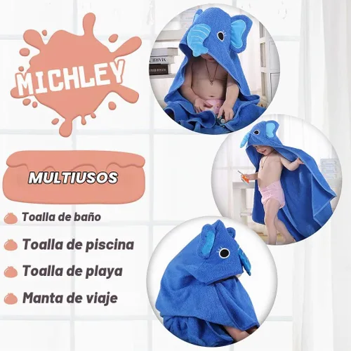 Vista 4 de Michley - Bata de algodón con capucha para niños y niñas de 0 a 6 años, Azul