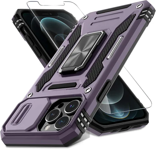 Vista 8 de DEERLAMN Funda para iPhone 13 Pro Max con cubierta deslizante para cámara + protector de pantalla (1 unidad), anillo giratorio con soporte de grado