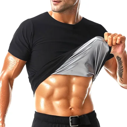 Vista 10 de Camisa de Sauna para Hombres de Manga Corta Traje de Sauna para Hombres Moldeador Corporal de Sudor Chaleco de Compresión Top de Ejercicio
