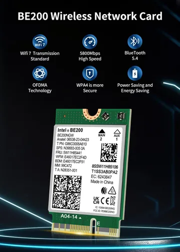 Vista 2 de Tarjeta WiFi 7 Intel BE200 NGW, Bluetooth 5.4, 5800Mbps M.2/NGFF, compatible con Windows 10/11 (64bit), Linux, no compatible con AMD, solo