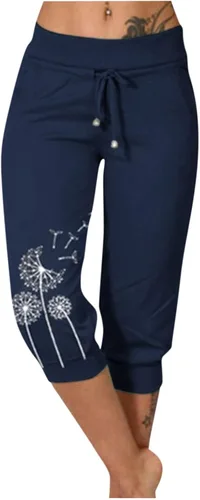 Vista 7 de Pantalones capri para mujer, estampado de diente de león, pantalones capri con cordón de cintura alta, elásticos, pantalones cortos de verano