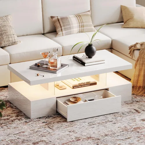 Vista 9 de ChooChoo Mesa de centro LED moderna, mesa central de alto brillo con cajón, mesa de centro negra con almacenamiento para sala de estar, dormitorio