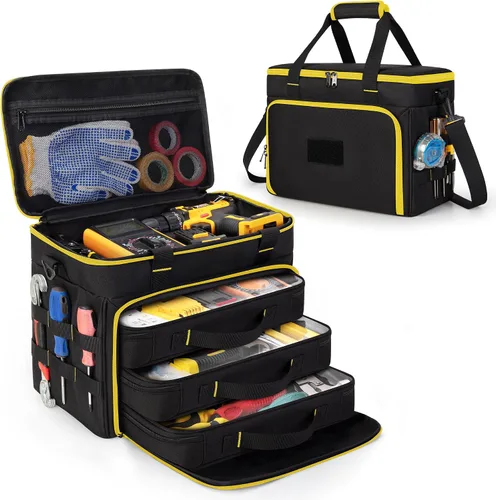 Vista 7 de Marscamd Bolsa de herramientas portátil de 2 capas con 3 estuches removibles transparentes, bolsa de herramientas resistente con cinta Molle
