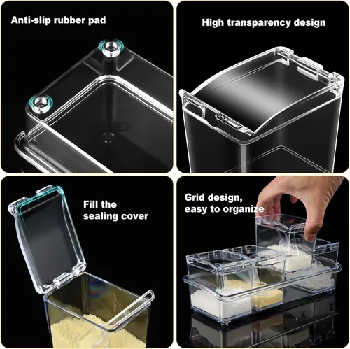 Vista 4 de Bokon Juego de 4 cajas de condimentos acrílicos con cucharas, 16 compartimentos, organizador de especias transparentes, recipientes de condimentos