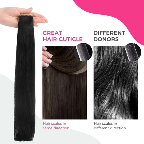 Vista 7 de Extensiones de cabello Lashey de 14 pulgadas; extensiones de cabello humano real lacio color negro azabache con trama adhesiva para mujeres, 20