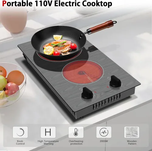 Vista 2 de Karinear Placa de Cocina Eléctrica de 2 Quemadores, 110v Estufa Eléctrica Portátil con Perilla, Placa de Cocina de Vidrio, Hermoso Patrón de Veta