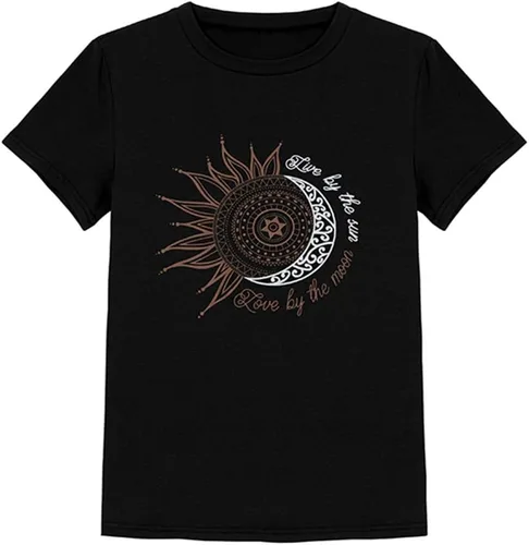 Vista 5 de MaQiYa - Camisetas gráficas de verano para mujer, manga corta, algodón con estampado de sol y luna.