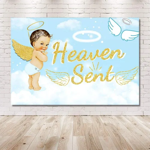 Vista 6 de Bonito telón de fondo para fiesta de baby shower, de 7 x 5 pies, cielo azul claro, nube blanca, ángel dorado, decoración de alas doradas, regalo