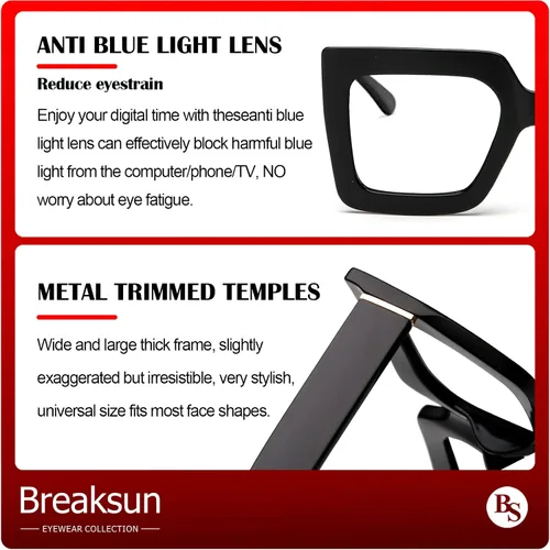 Vista 4 de Breaksun Gafas de luz azul de gran tamaño para mujer, gafas cuadradas gruesas para computadora, sin receta