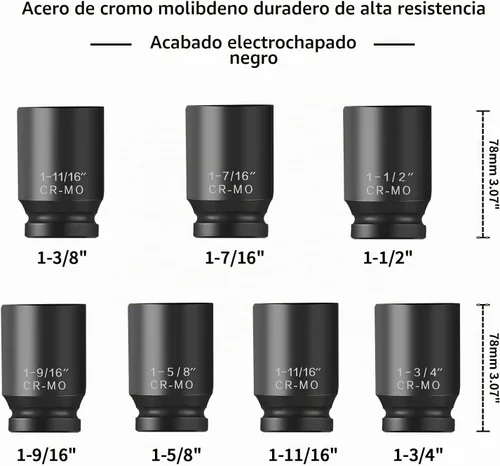 Vista 3 de TONYNOL Juego de cubos de impacto profundo de 1/2 pulgada, 6 puntos, SAE (1/2 Drive 1-3/8" a 1-3/4"), 7 piezas, Cr-Mo, juego de cubos de impacto