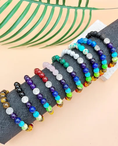 Vista 7 de BOMAIL 10 pulseras de cristales curativos del árbol de la vida, 7 chakras, piedras semipreciosas, pulseras de cuentas para yoga, alivio del estrés