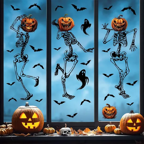 Vista 13 de Decoración de pared de Halloween, calcomanías de Halloween 3D para ventana falsa, despegar y pegar, calabazas, esqueleto, murales artísticos