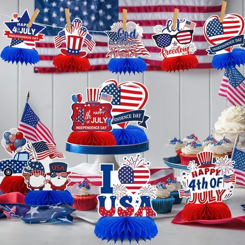 Vista 6 de Centro de mesa del 4 de julio, 10 piezas de centro de mesa patriótico, decoración de mesa para el Día de los Caídos, centros de mesa de panal azul