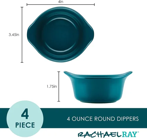 Vista 2 de Rachael Ray Solid Glaze Ceramics - Juego de ramequines redondos/taza de inmersión, 4 piezas, color verde azulado