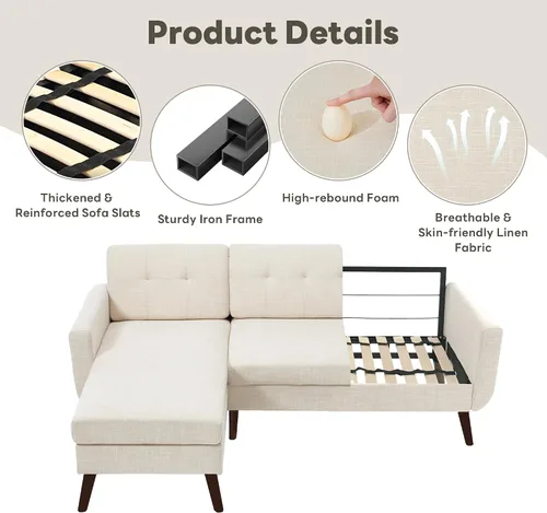 Vista 6 de Tbfit Sofá en Forma de L, Sofás Seccionales Modernos de Mediados de Siglo de 80" de Ancho, Sofás de 3 Plazas con Chaise Lounge Amplio, Sofá Beige