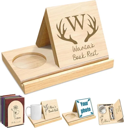 Vista 8 de Soporte triangular de madera personalizado para libros de escritorio personalizado para reposar páginas, texto grabado, estantería de roble sólido