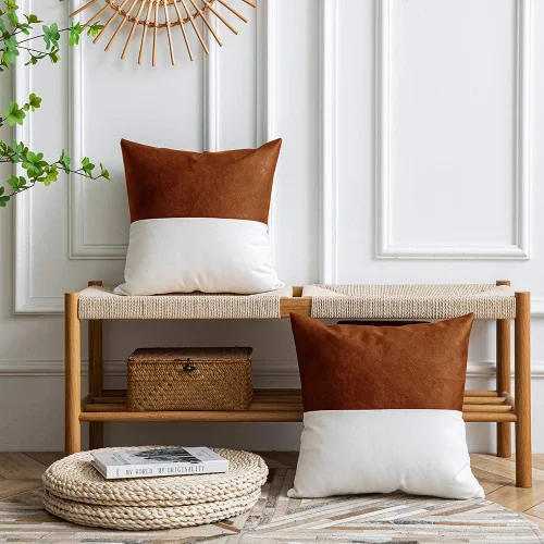 Vista 3 de DEZENE Fundas de Almohada Decorativas de Cuero, Juego de 2 Fundas de Almohada Decorativas Modernas de Cuero/Algodón para Decoración del Hogar Marrón