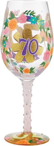 Vista 4 de Enesco Designs by Lolita Happy 70th Birthday - Copa de vino artesanal pintada a mano, 15 onzas, multicolor