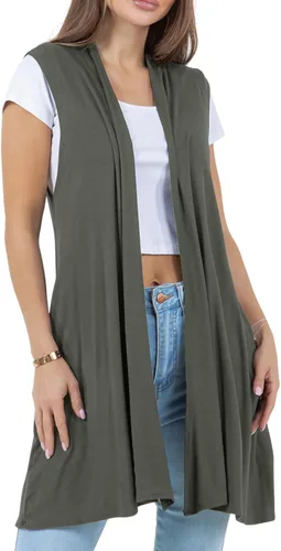 Vista 12 de Azules Cárdigan largo sin mangas para mujer con bolsillos, ligero frente abierto, capa elegante y fluida para el trabajo o uso casual