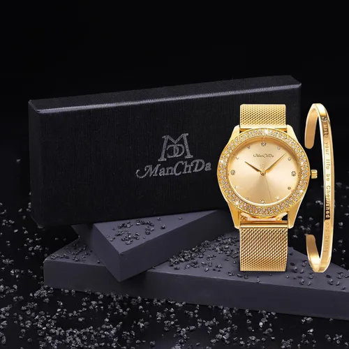 Vista 5 de ManChDa Reloj de pulsera para mujer, caja de cristal, malla de acero inoxidable, reloj analógico de cuarzo con diamantes, clásico, a la moda
