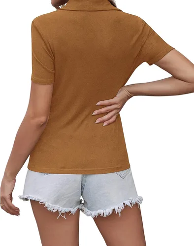 Vista 4 de Camisa polo con botones para mujer, cuello de manga corta, acanalada, elástica, ajustada