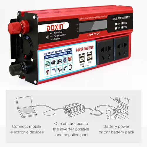 Vista 4 de Inversor de corriente para automóvil de 12 V, 24 V a 110 V, 220 V, convertidor de automóvil con 4 puertos USB, convertidor de adaptador